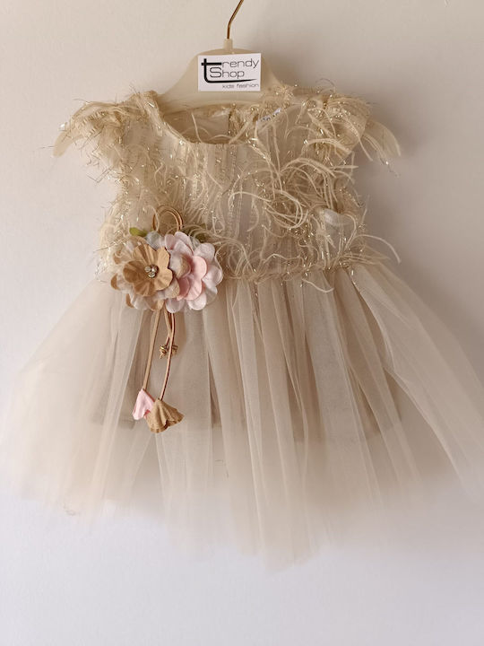 Trendy Shop Kids Dress Tulle Floral Sleeveless Beige