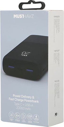 Musthavz MHPWRPD20A004BLK Power Bank 20000mAh 20W με 2 Θύρες USB-A και Θύρα USB-C Μαύρο