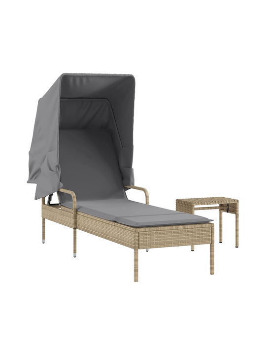 Deckchair Rattan with Cushion & Sunshade Beige with Table 200x55cm.