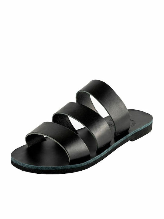 Leather Women's Flat Sandals in Black Color