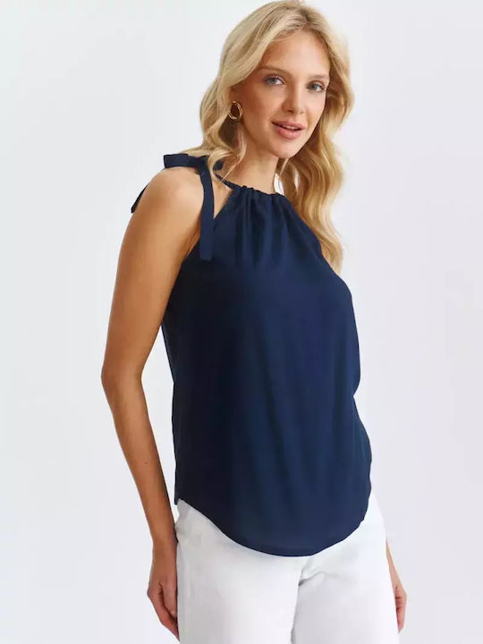 Make your image Women's Blouse Sleeveless with Tie Neck Dark Blue
