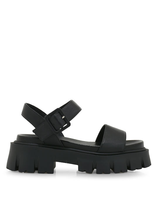 Tsakiris Mallas Leather Women's Flat Sandals in Black Color