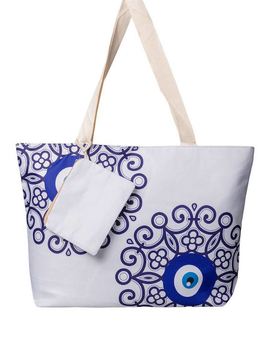 Τσάντα Θαλάσσης από Καραβόπανο με Πορτοφόλι με σχέδιο Μάτι Λευκή