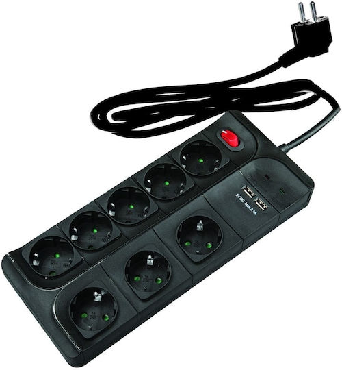 Steckdosenleiste mit Überspannungsschutz 8 Positionen mit 2 USB-A, Schalter und Kabel 1.5m