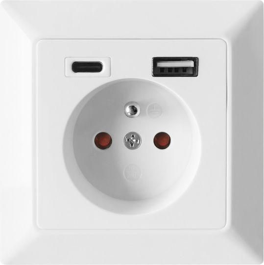 Orno Μονή Χωνευτή Πρίζα Ρεύματος με 2 Θύρες USB Λευκή