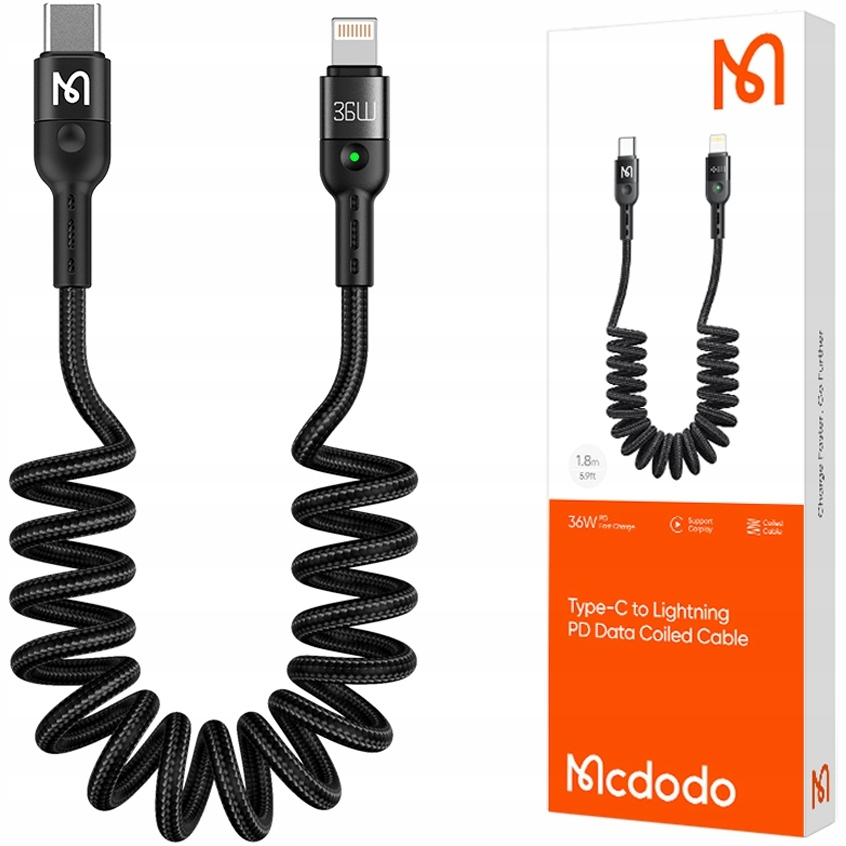 Mcdodo CA-1960 USB-C to Lightning spring cable, 36W, 1.8m (black)
