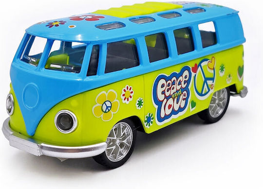 Mașinuță Miniaturală Metalică Vw Flower Power Bus cu Lumină și Sunet Albastru Verde