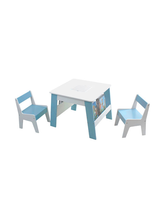 Children's Wooden Table 2 Chairs Toy Building Blocks Container Book Storage Space White Blue