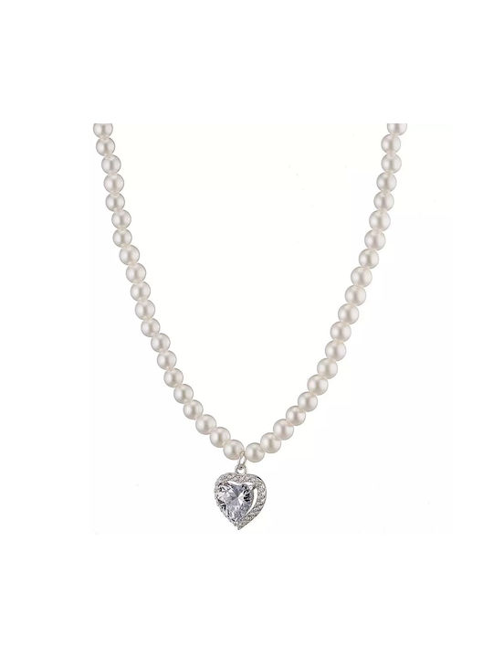 Oxzen Επιπλατινωμένο Necklace with design Heart from Silver with Pearls & Zircon