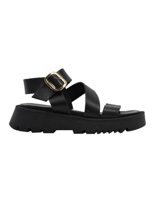 Piedini Leder Damen Flache Sandalen in Schwarz Farbe