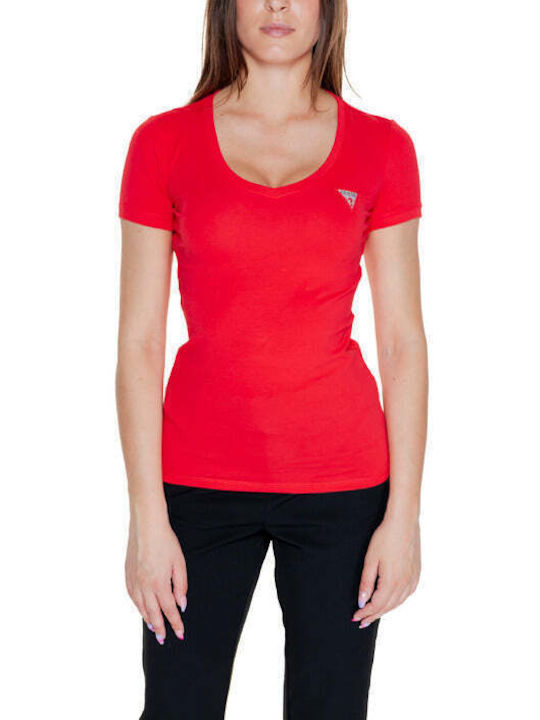 Guess Γυναικείο T-shirt με V Λαιμόκοψη Κόκκινο