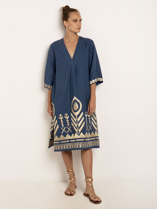 Greek Archaic Kori Sommer Midi Kleid Navy Blue/Gold