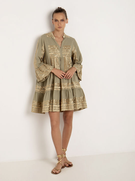 Greek Archaic Kori Summer Mini Dress with Ruffle Tea / Gold