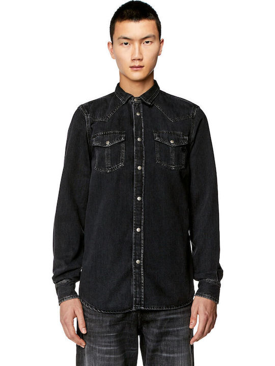 Μακρυμάνικo Τζιν Overshirt σε Στενή Γραμμή Μαύρο
