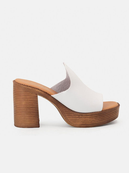 Bozikis Chunky Heel Leather Mules White