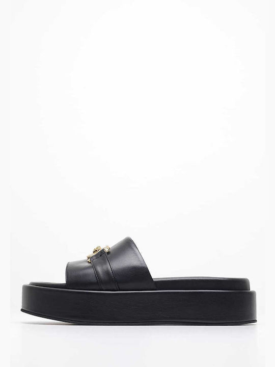 Mortoglou Women's Leather Platform Wedge Sandals Black