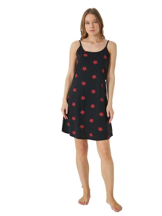 Siyah Inci Summer Cotton Women's Nightdress Black/Red Stars