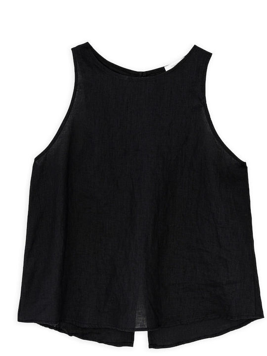 Philosophy Wear Γυναικεία Καλοκαιρινή Μπλούζα Λινή Αμάνικη με Δέσιμο στο Λαιμό Black