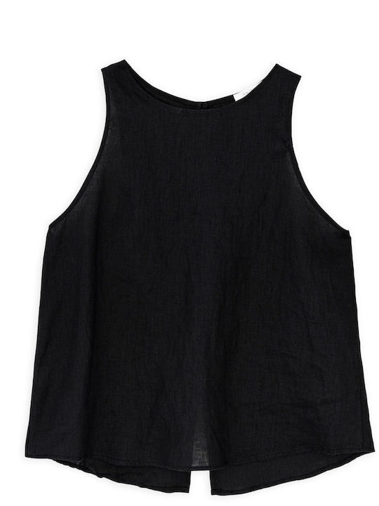 Philosophy Wear Women's Summer Blouse Linen Sleeveless with Tie Neck Black