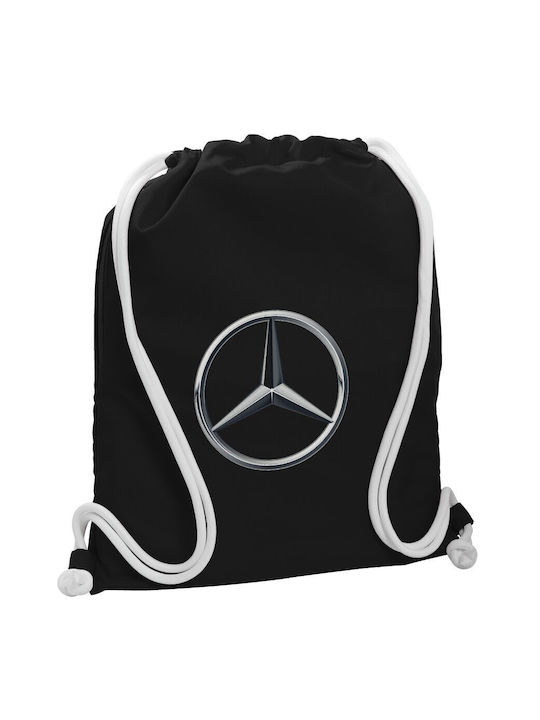 Mercedes Τσάντα Πλάτης Πουγκί Gymbag Μαύρη Τσέπη 40x48cm & Χονδρά Λευκά Κορδόνια
