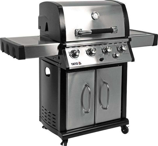 Yato Gasgrill Gusseisen Rost 65cmx46cmcm mit 5 cm 17.5kW und Seitenbrenner