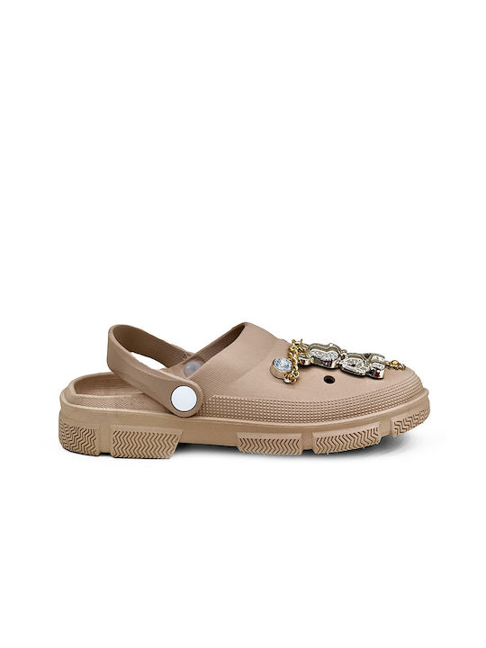 Women's Beige Clogs with Chain & Decorative Stones