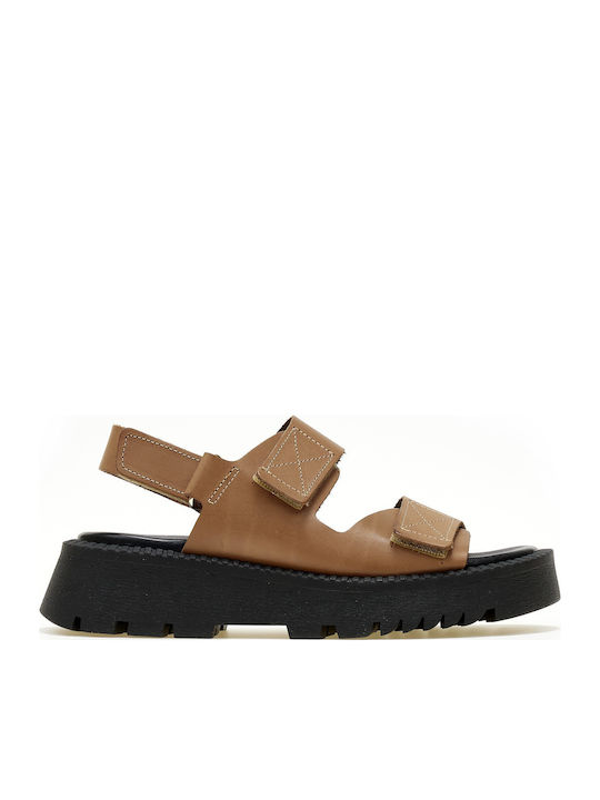 Leather Women's Flat Sandals Flatforms in Brown Color