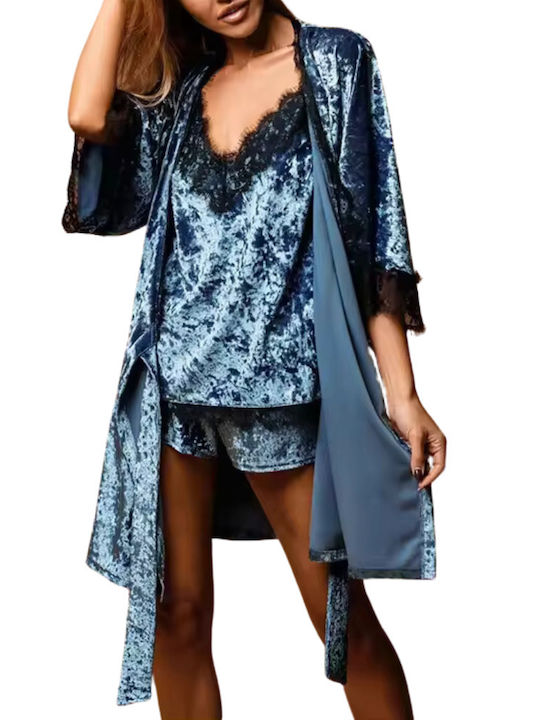 La Lolita Amsterdam Winter Damen Samt Robe mit Pyjama Blau Heidi