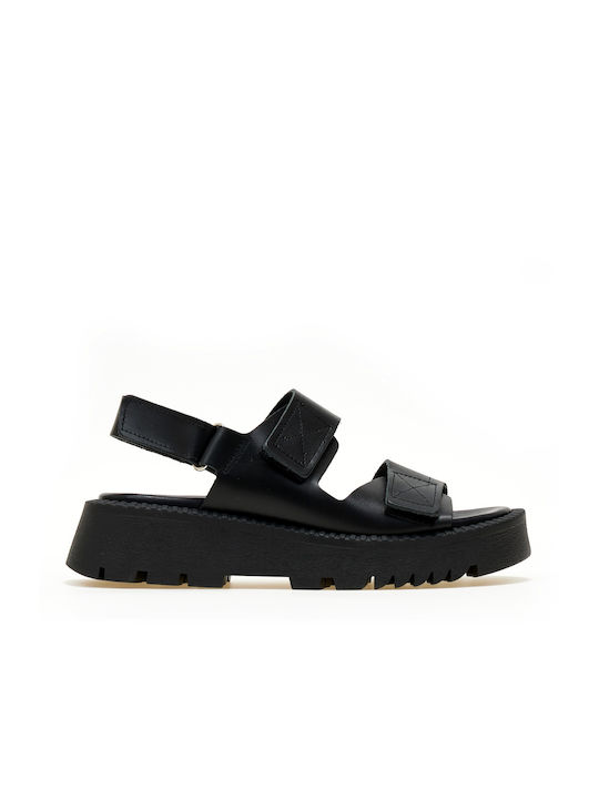 Beatris Sandale Plate pentru Femei din Piele Neagră cu Velcro