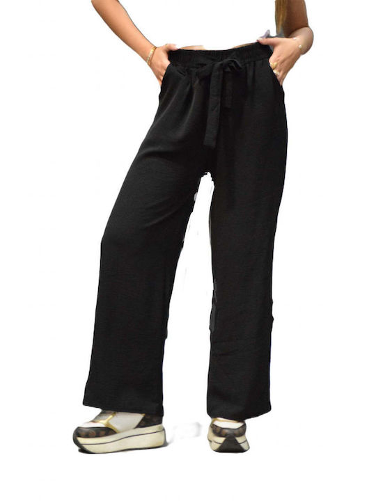 Zilan Women's High-waisted Fabric Trousers with Elastic in Loose Fit Black