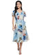 Elegant Midi A-Line Dress Chiffon Floral Pattern Belt