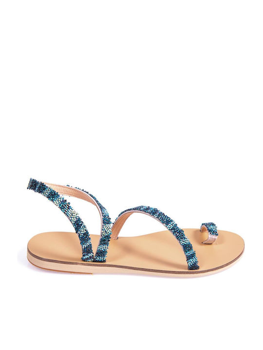 Sofia Manta Leather Women's Sandals with Ankle Strap with Strass Blue Waves