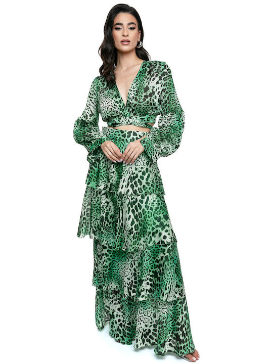RichgirlBoudoir Set with Satin Maxi Skirt Leopard in Green color