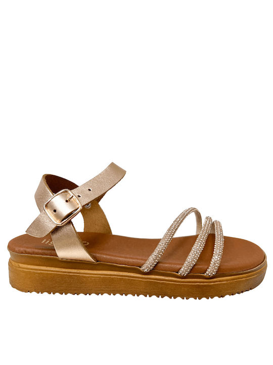 Ligglo Flatforms Leather Women's Sandals with Ankle Strap with Strass Gold