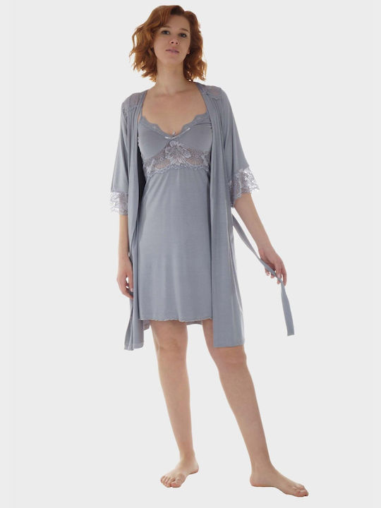 Women's Set Robe Nightgown Trouacar Sleeve Lace Details Grey