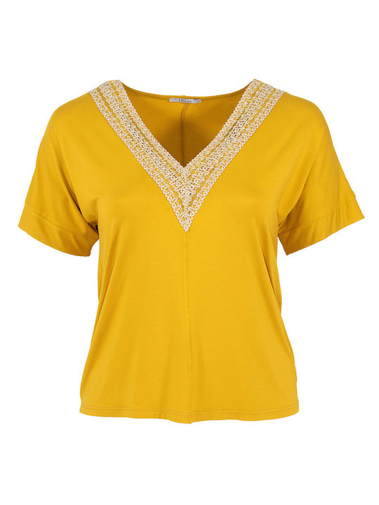 Didone Women's Blouse Short Sleeve with V Neck Yellow