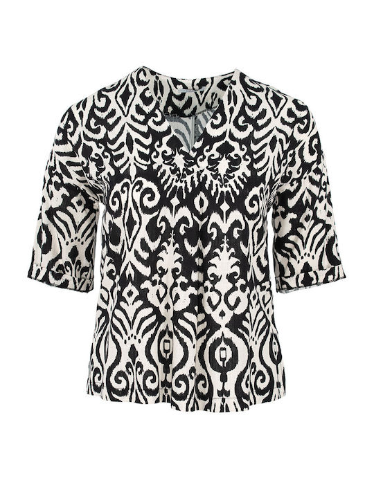 Didone Women's Blouse Short Sleeve with V Neckline Black and white