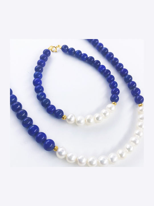 Margaritari Set with Necklace & Bracelet from Gold 14K with Stones and Pearls