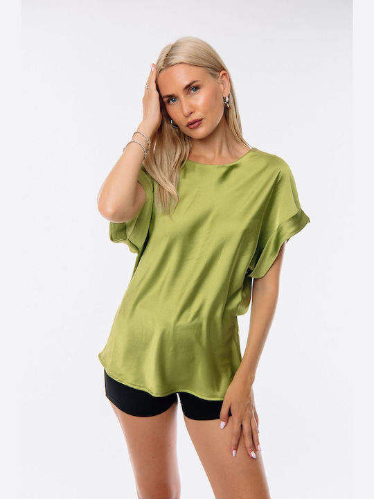 Dress Up Women's Blouse Satin Short Sleeve Green