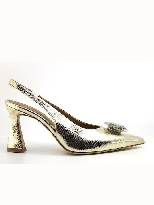 Pf16 Leather Gold High Heels with Strap Animal Print