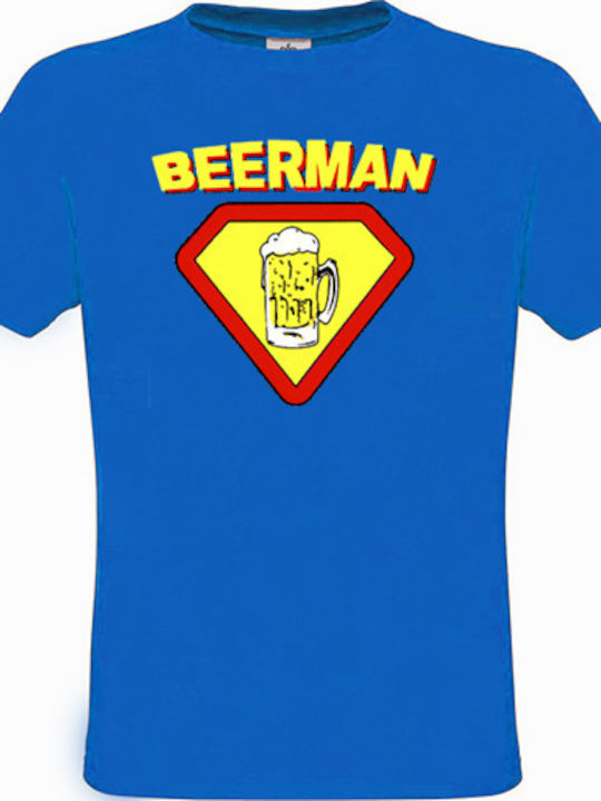 Tricou bărbătesc din bumbac albastru regal cu ștampilă și insignă Beerman - 370 - Mărimi foarte mari (albastru)