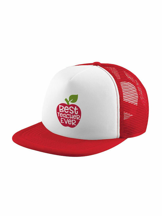 best teacher ever, apple!, Adult Soft Trucker Hat with Mesh Red/White (POLYESTER, ADULT, UNISEX, ONE SIZE)