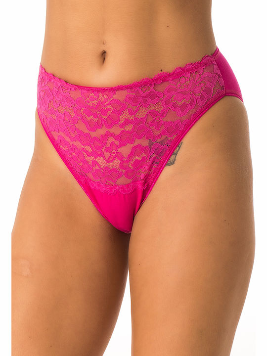 High waisted cotton panties with lace - Fuchsia