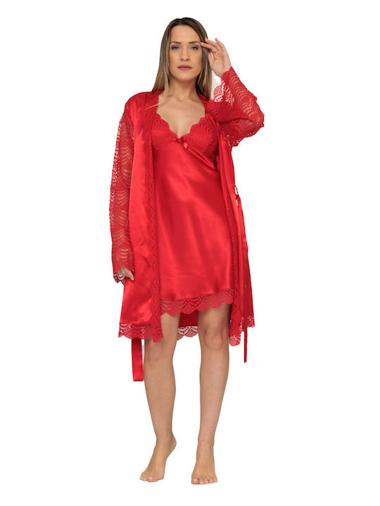 Satin robe-nightgown set (24040) - Red