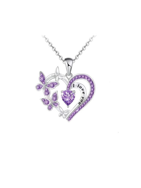 Purple Heart Necklace Silver Stainless Steel