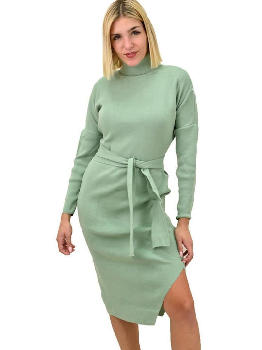 Short knitted dress with slit and belt Pistachio 9229