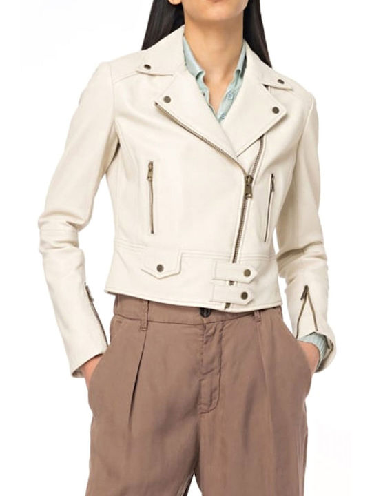 Pinko Women's Short Biker Leather Jacket for Winter Beige