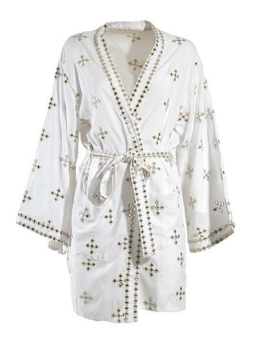 White Kimono Cardigan with Gold Designs and Belt - One Size 100% Viscose