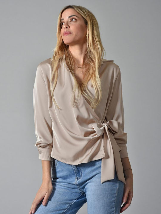 Belle Femme Damen Bluse Satin Langärmelig Beige