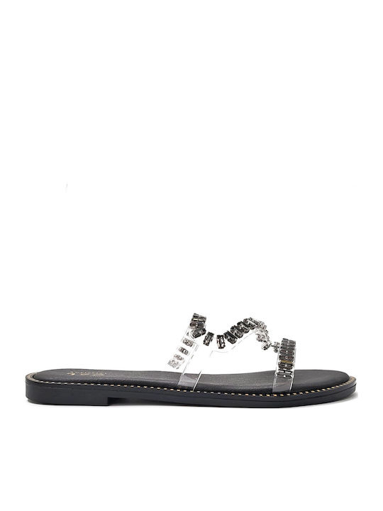 Shoelover Μαύρο Clear Δερμάτινο Flat Σανδάλι Στρας